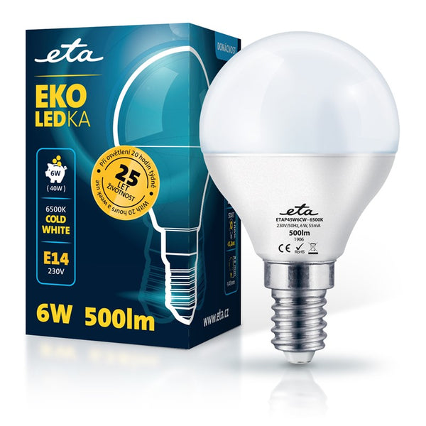 LED Bulb ETA EKO LEDka mini globe 6W, E14, cool white (P45W6CW)